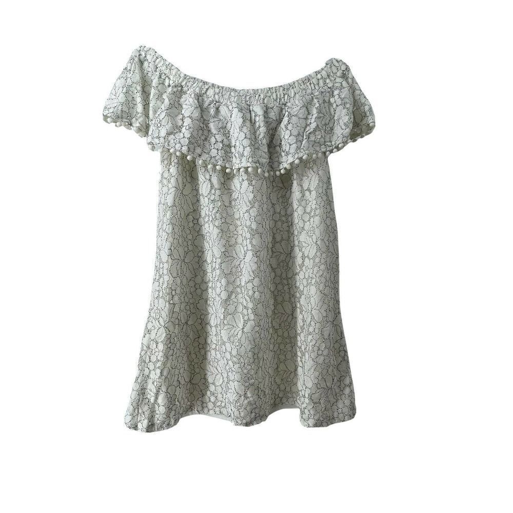 Lily Rose White Off The Shoulder Dress Womens Size M Pom Pom Trim Lace Overlay